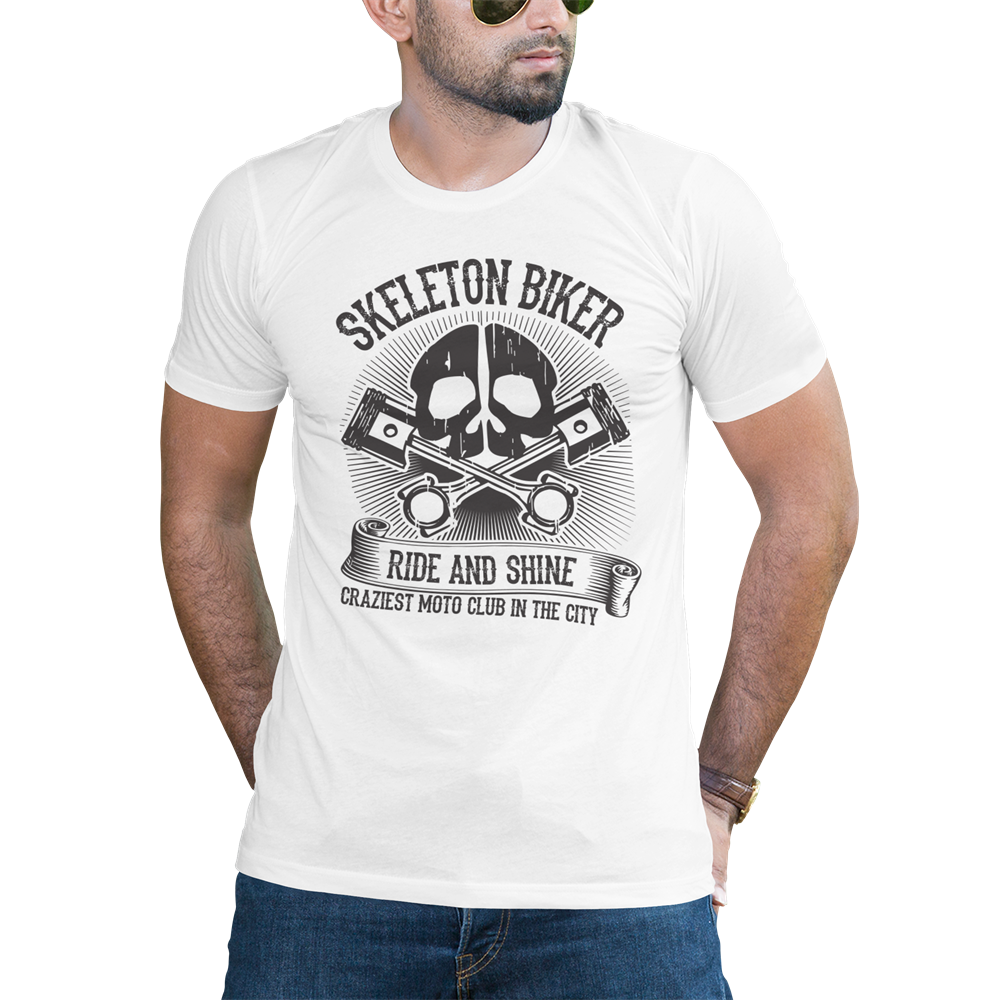 Skeleton Biker t-shirt design shown on a real model